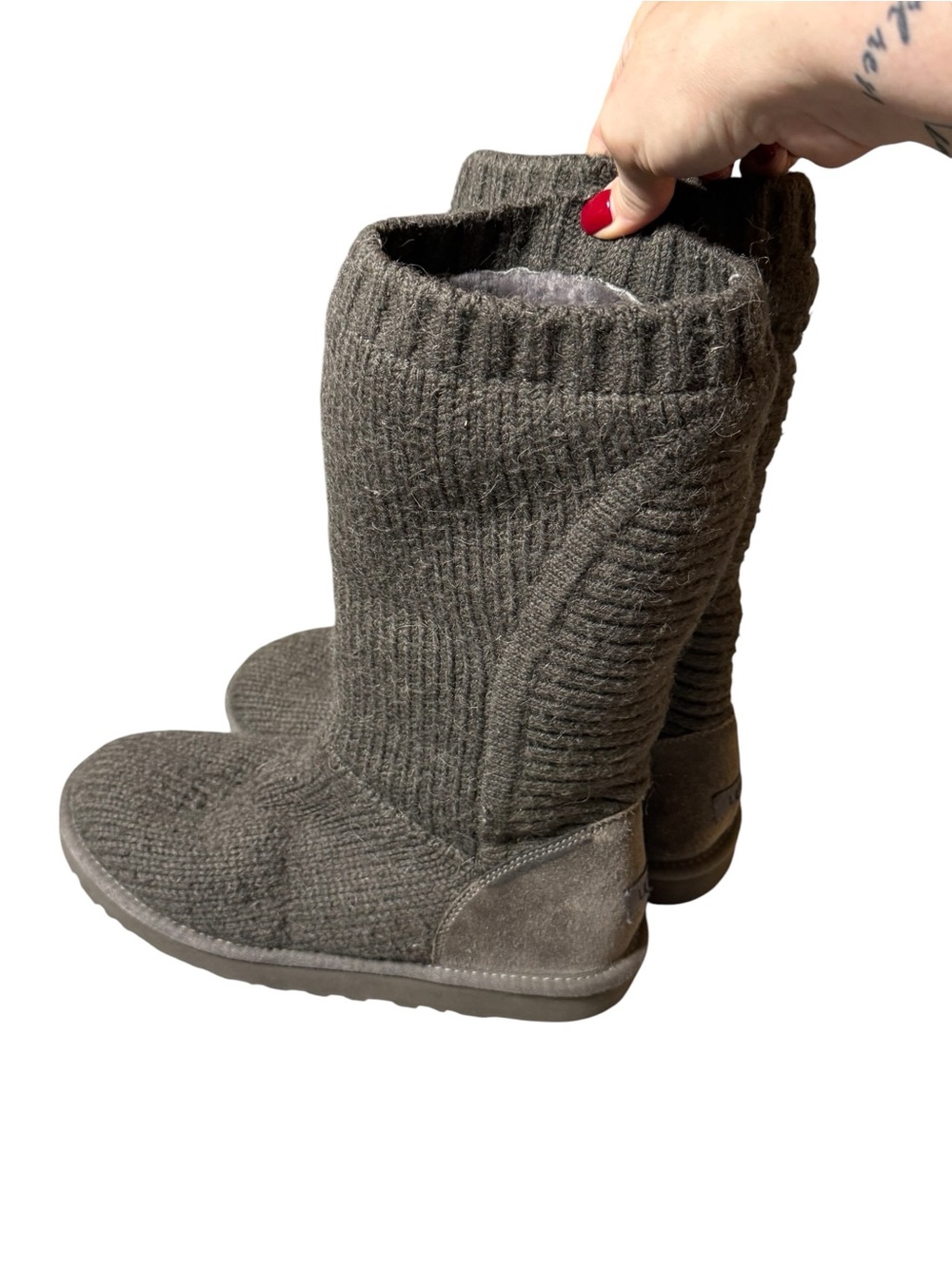 UGG Capra Charcoal Gray Ribbed Knit Shearling Sweater Boots Womens Size 11